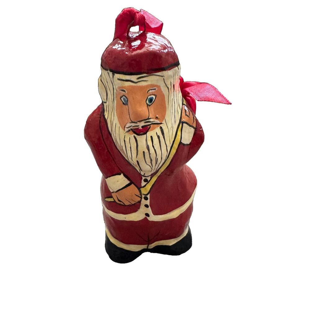 Vintage Santa Christmas Ornament Paper Mache Hand Painted Red 4” Tall